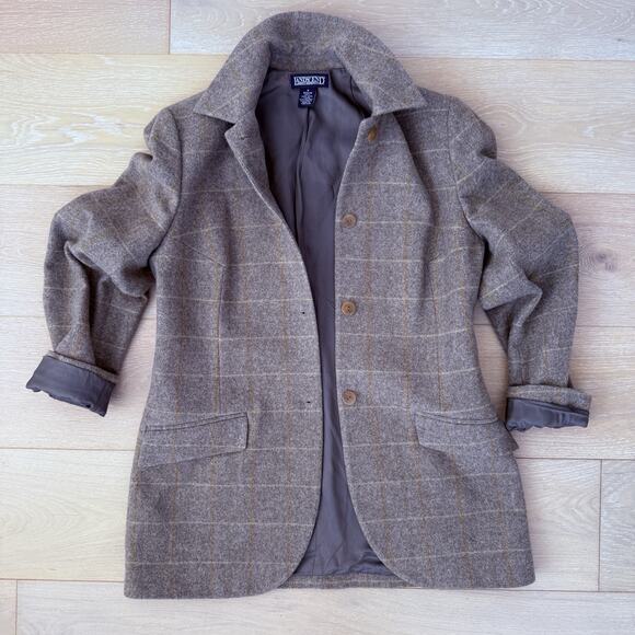 Lands End Wool Blazer Women's Size 8 Tan Grey Checkered Button Down Jacket - Picture 2 of 6